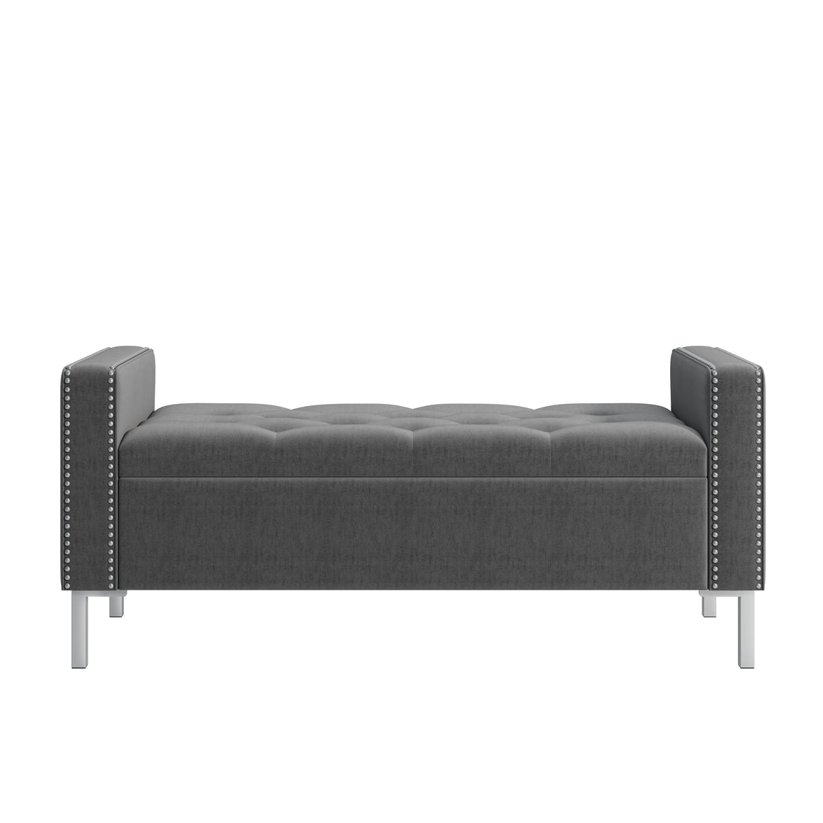 Velvet Square-Arm Tufted Top Storage Bench Ottoman with Pewter Nailhead Trim