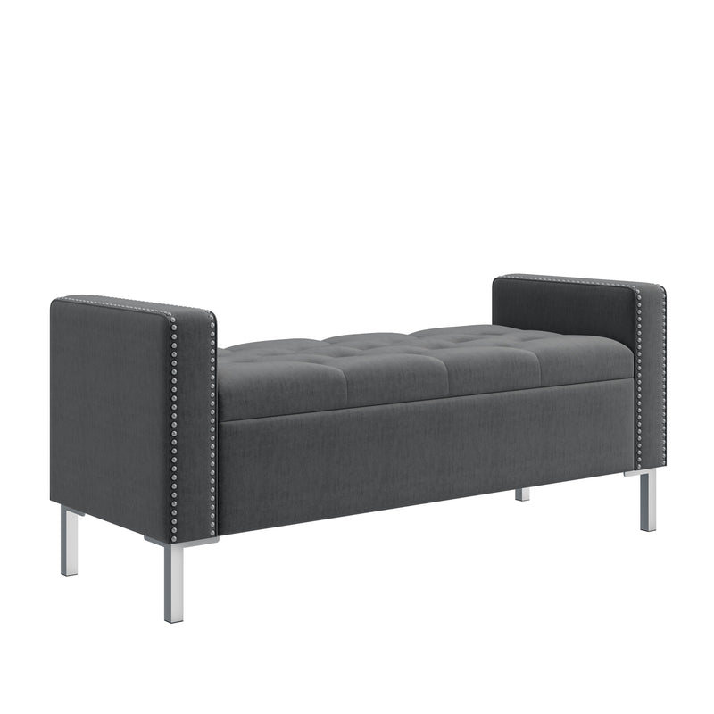 Velvet Square-Arm Tufted Top Storage Bench Ottoman with Pewter Nailhead Trim