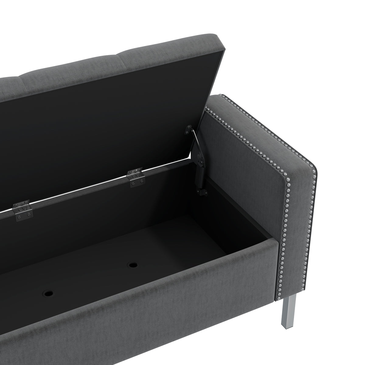Velvet Square-Arm Tufted Top Storage Bench Ottoman with Pewter Nailhead Trim