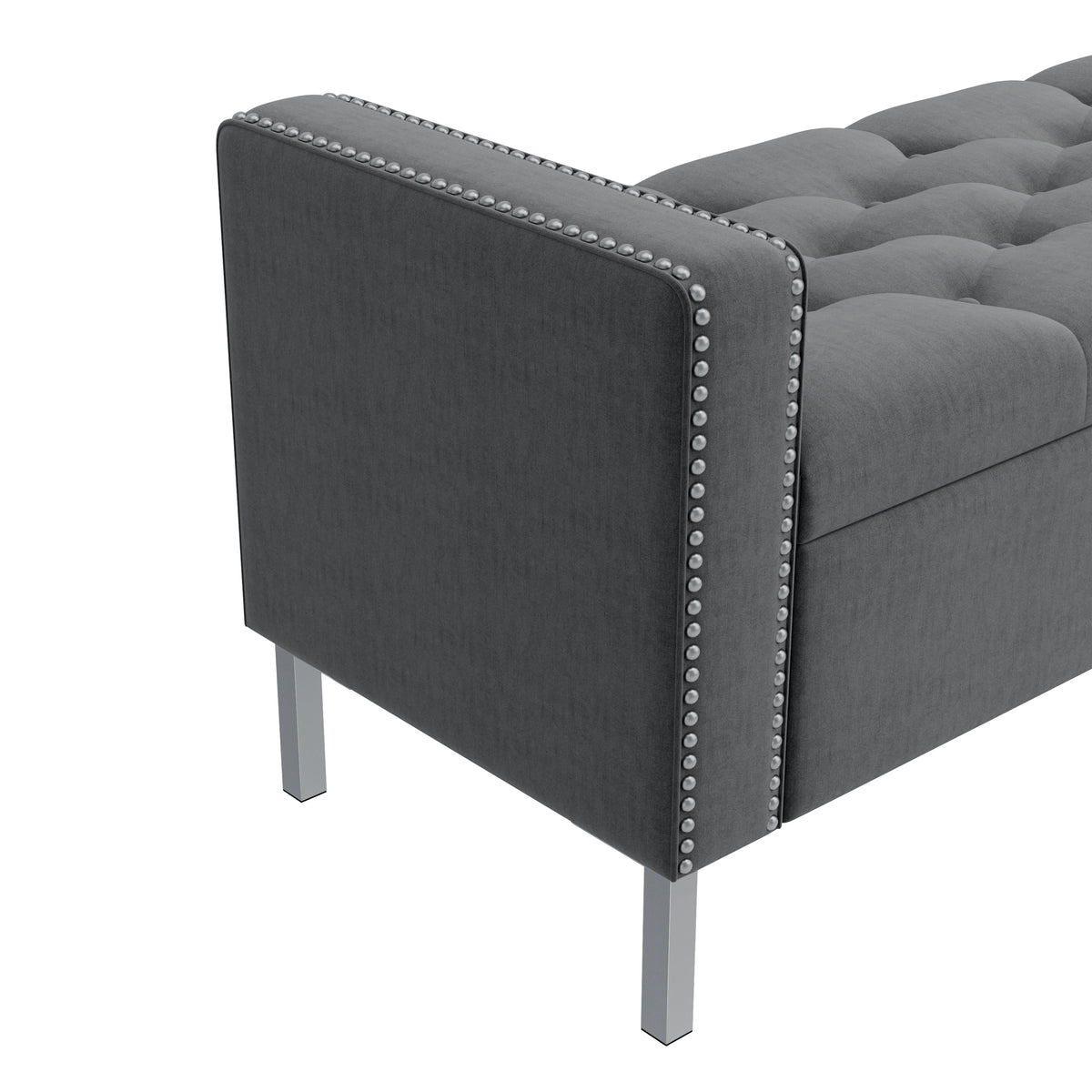 Velvet Square-Arm Tufted Top Storage Bench Ottoman with Pewter Nailhead Trim