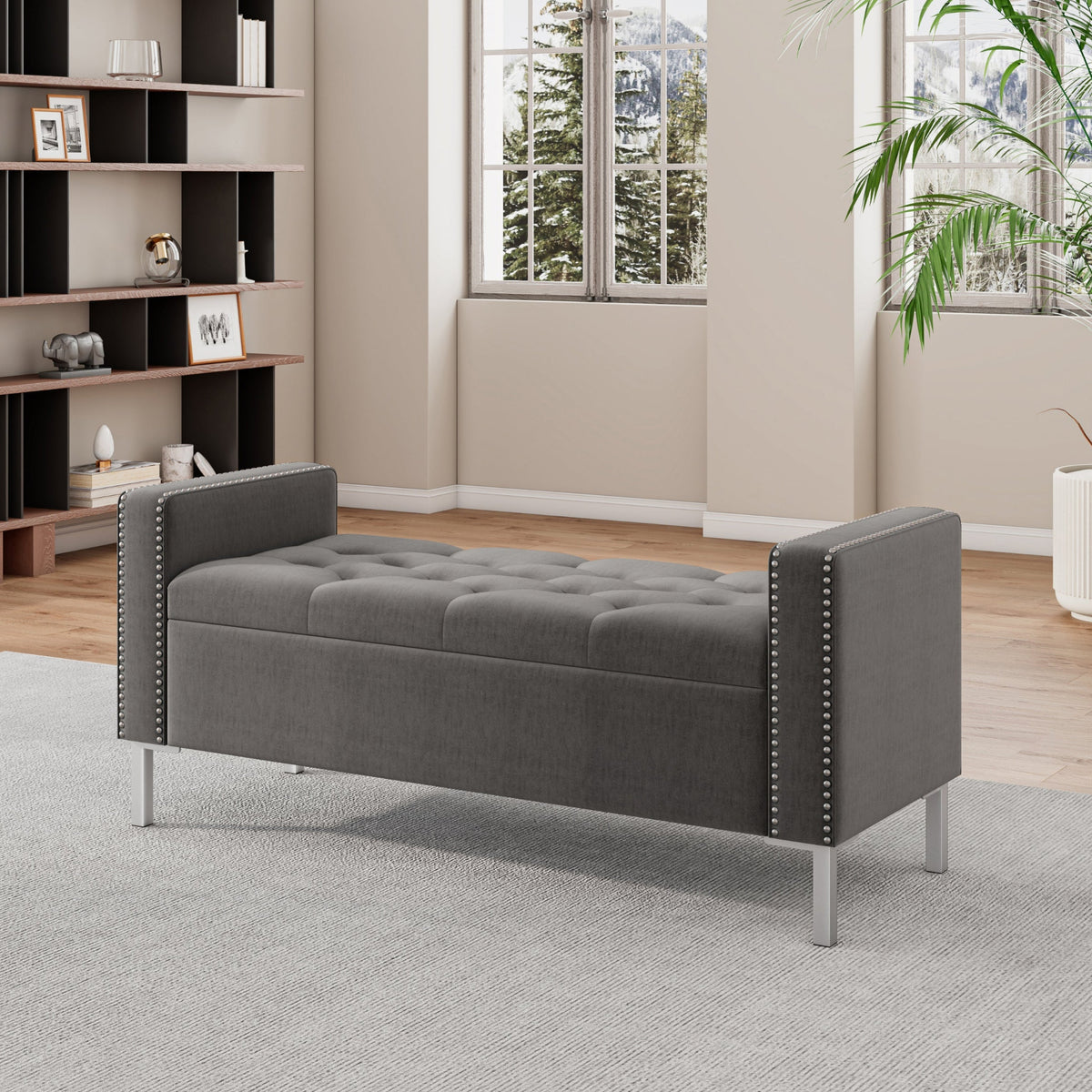 Velvet Square-Arm Tufted Top Storage Bench Ottoman with Pewter Nailhead Trim