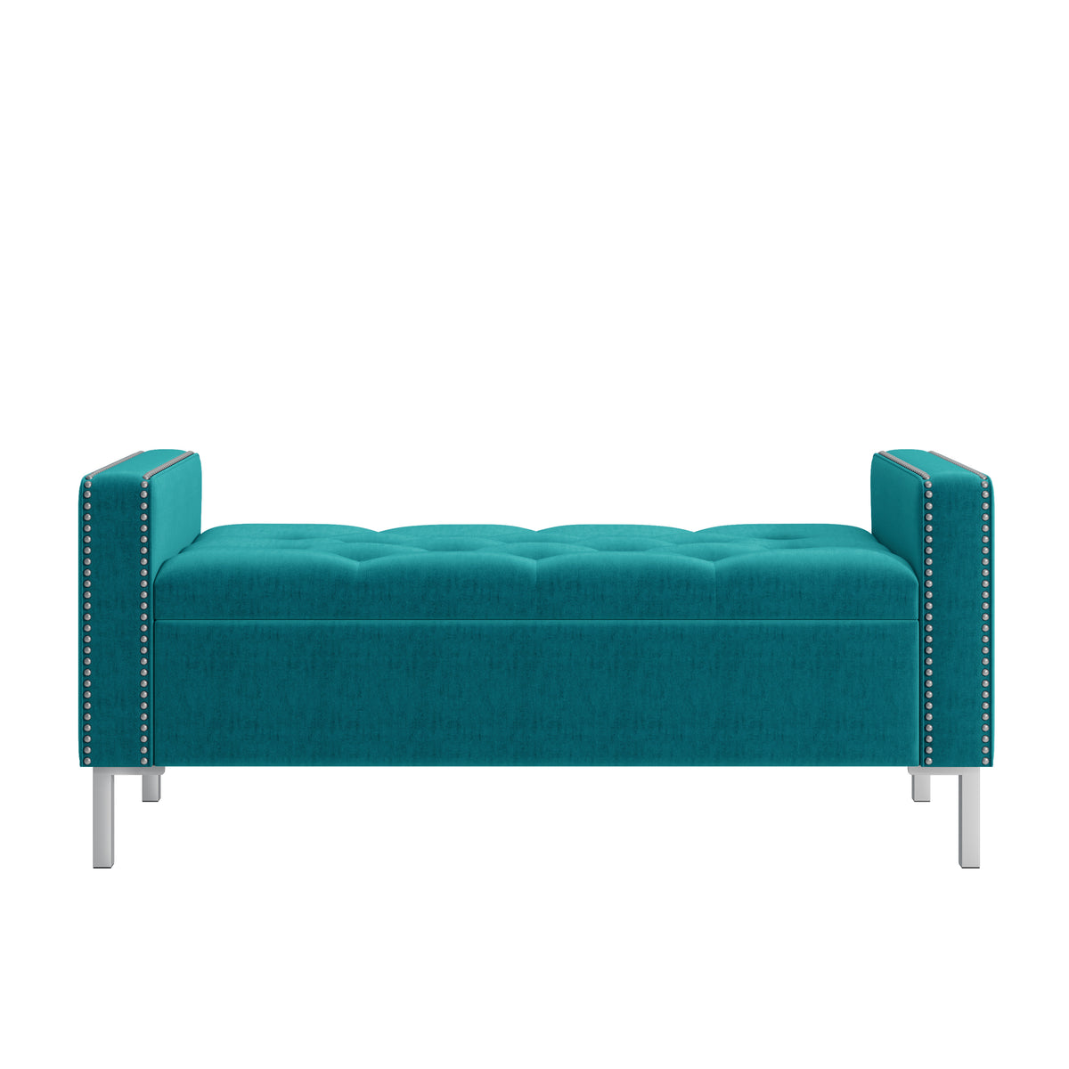 Velvet Square-Arm Tufted Top Storage Bench Ottoman with Pewter Nailhead Trim