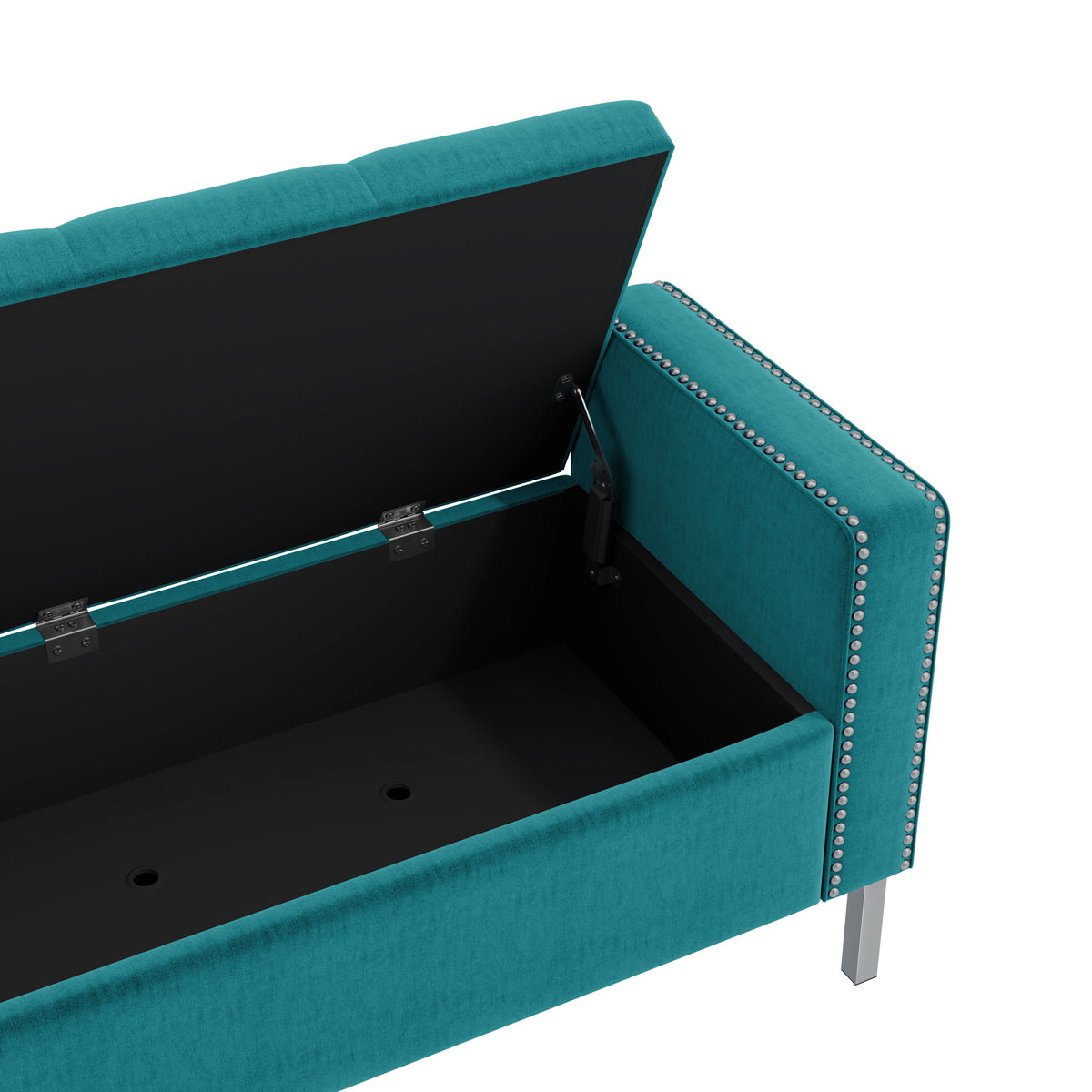 Velvet Square-Arm Tufted Top Storage Bench Ottoman with Pewter Nailhead Trim