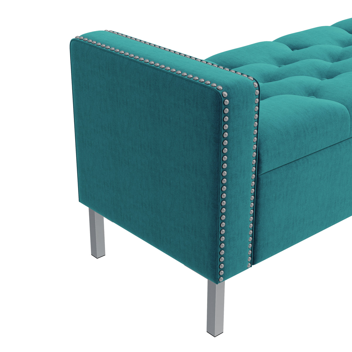 Velvet Square-Arm Tufted Top Storage Bench Ottoman with Pewter Nailhead Trim