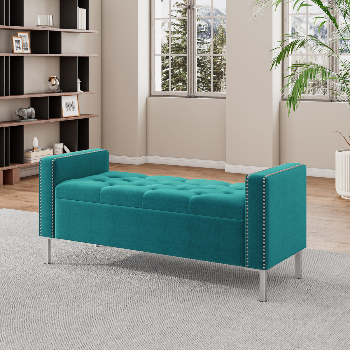 Velvet Square-Arm Tufted Top Storage Bench Ottoman with Pewter Nailhead Trim