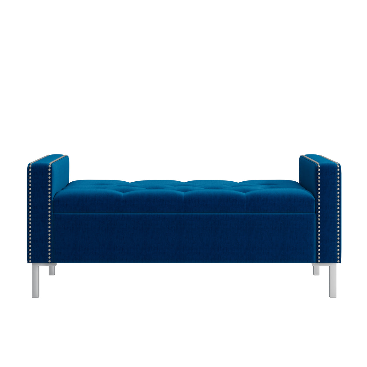 Velvet Square-Arm Tufted Top Storage Bench Ottoman with Pewter Nailhead Trim