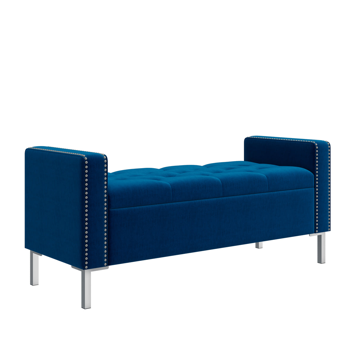 Velvet Square-Arm Tufted Top Storage Bench Ottoman with Pewter Nailhead Trim