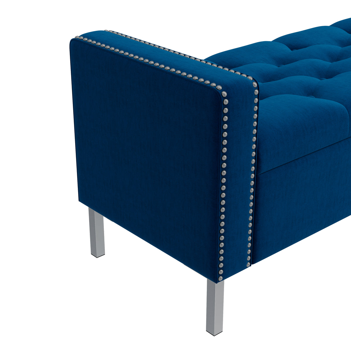 Velvet Square-Arm Tufted Top Storage Bench Ottoman with Pewter Nailhead Trim