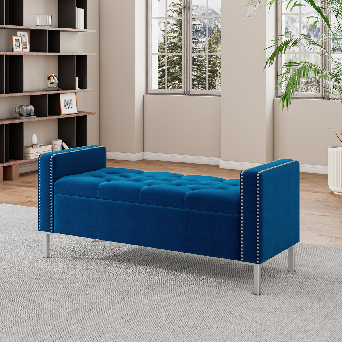 Velvet Square-Arm Tufted Top Storage Bench Ottoman with Pewter Nailhead Trim