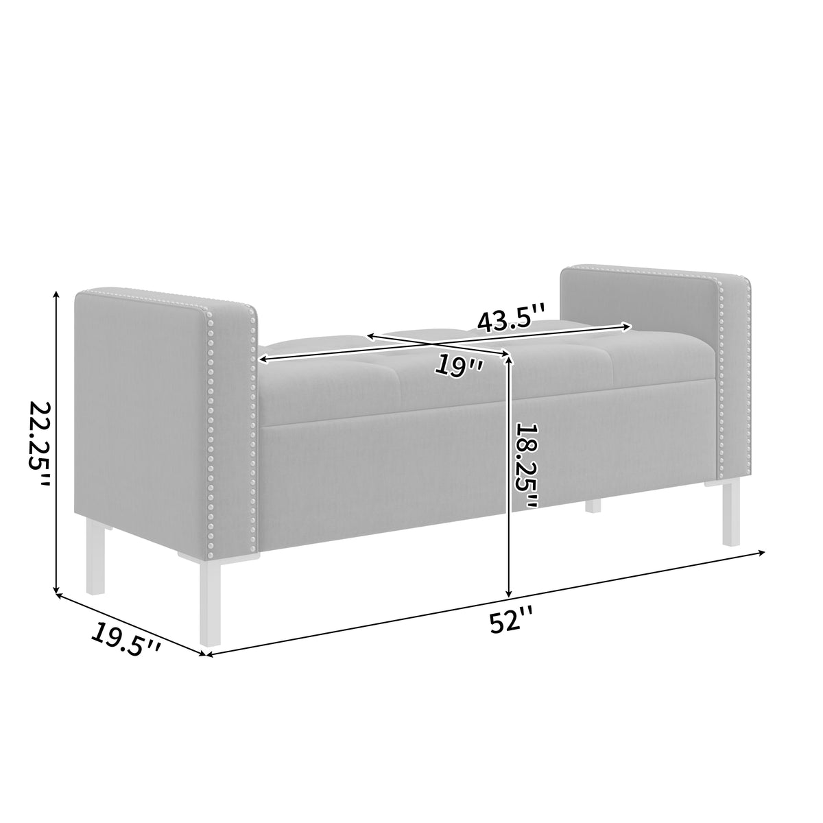Velvet Square-Arm Tufted Top Storage Bench Ottoman with Pewter Nailhead Trim
